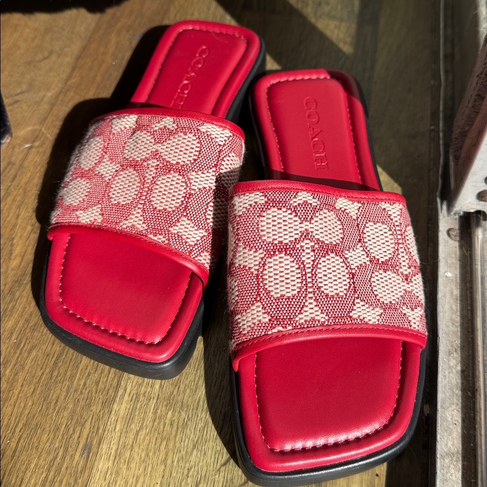 Coach Red and Cream Slide Sandals